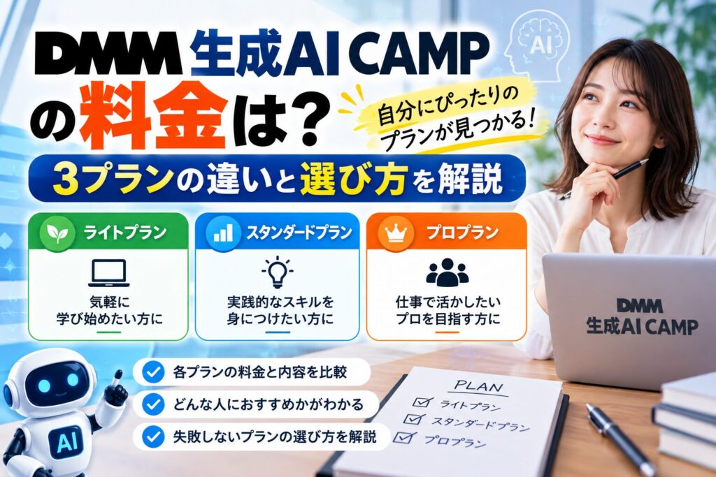 DMM生成AI CAMPの料金と3つのプランの違い、目的に合ったプランの選び方を紹介するイメージ